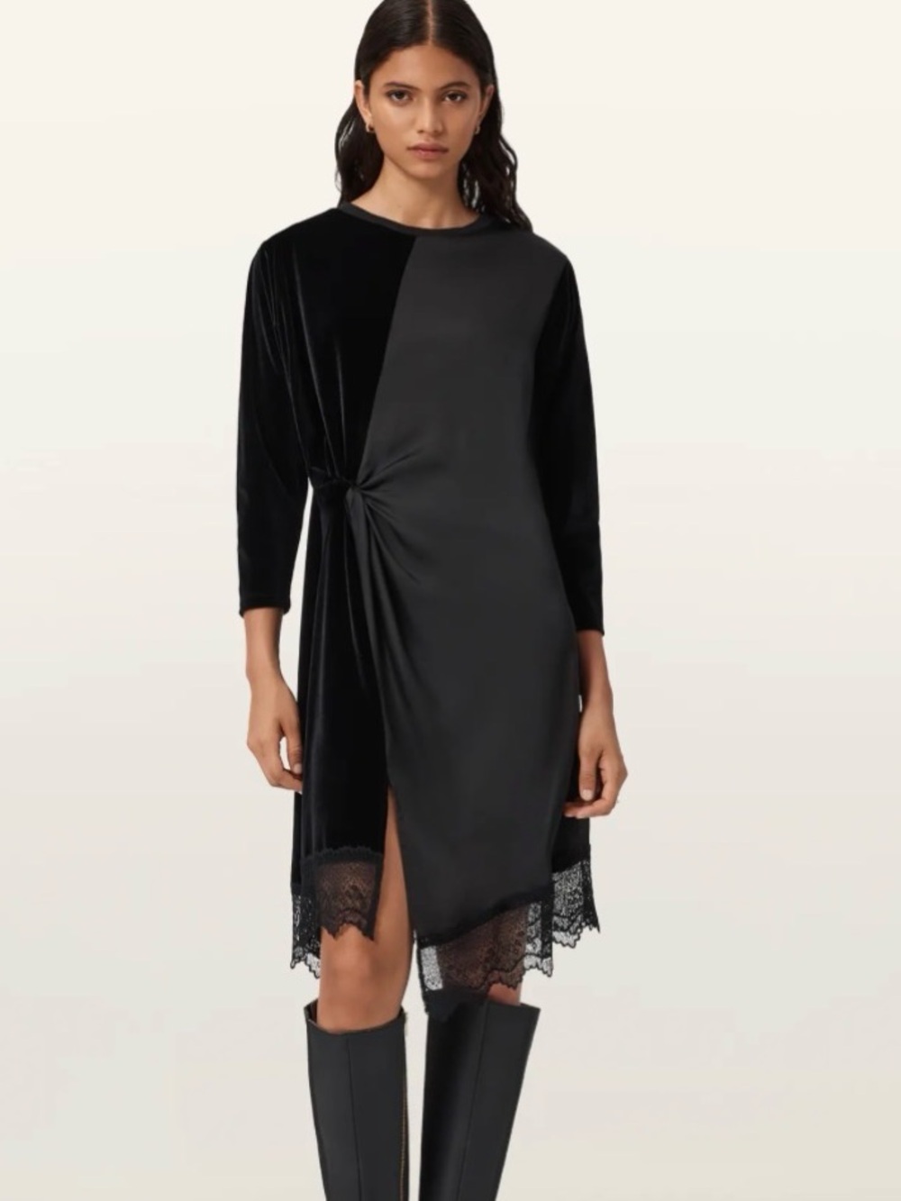 All Saints Black Asymmetrical Twist Lace-Trim Dress
